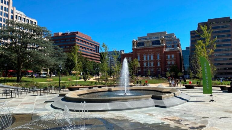 A fountain and plaza is shown in newly-renovated Franklin Park in 2021